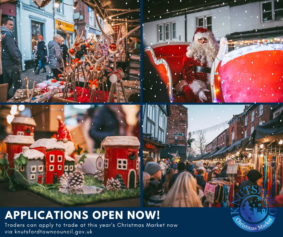 📣 Trader applications open now! 

You can now apply for a space to trade at #Knutsford Christmas Market 2023! ❄🎄

Follow the link below to apply, ensuring you read the full info provided including our T&amp;Cs prior to applying 👇
knutsfordtowncouncil.gov.uk/events/christm…