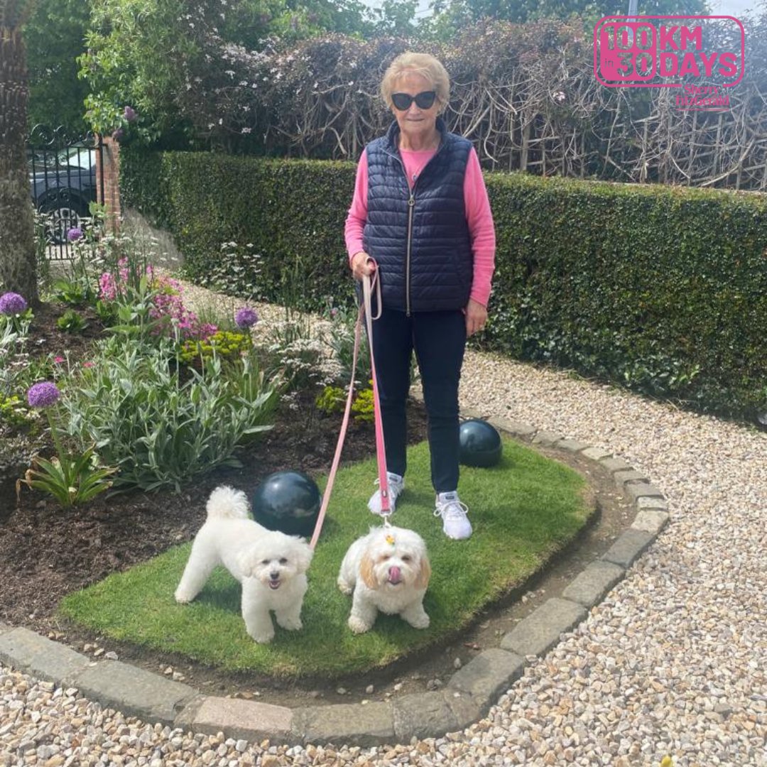 Dublin Ambassador Eileen Sheehy pictured while walking Cuddles and Honey Bun. Are your dogs joining you on your 100k? If you still want to register, you can up your steps and still reach 100k. Register now at 100kin30days.ie #100kin30days @MarieKeating @Sherry_Fitz