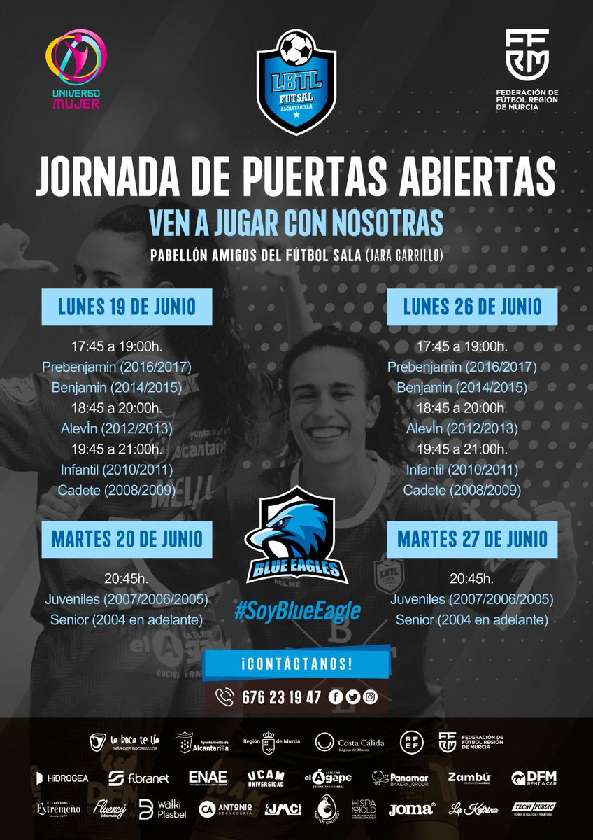 LBTLFutsal's tweet photo. JORNADAS DE PUERTAS ABIERTAS
Ven a jugar con nosotras

Entrenamiento x categorías.

🏟️Pab.Jara Carrillo

Mira la imagen y ve a probar el día que te toque a la hora que te toque sin compromiso.

Contáctanos ☎️ 676231947 

Somos bases…somos La Boca Te Lia Futsal Alcantarilla💪🏾🔵⚽️ https://t.co/rWe52KvVAd