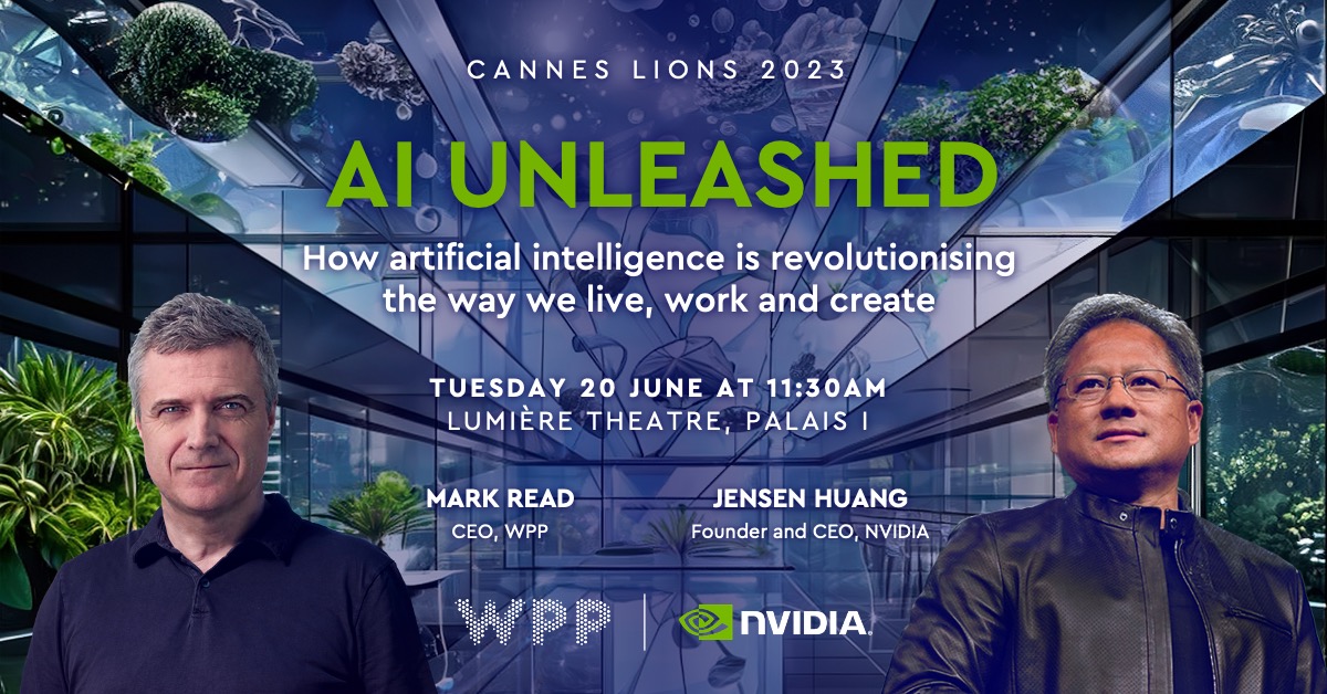 📣 JOIN US @Cannes_Lions: Tuesday 20 June at 11:30 in the Palais - @WPP CEO @readmark and @nvidia Founder and CEO Jensen Huang discuss the transformative potential of AI and its role in driving the future of marketing 👉 bit.ly/42GO1uK #WPPCannes #CannesLions