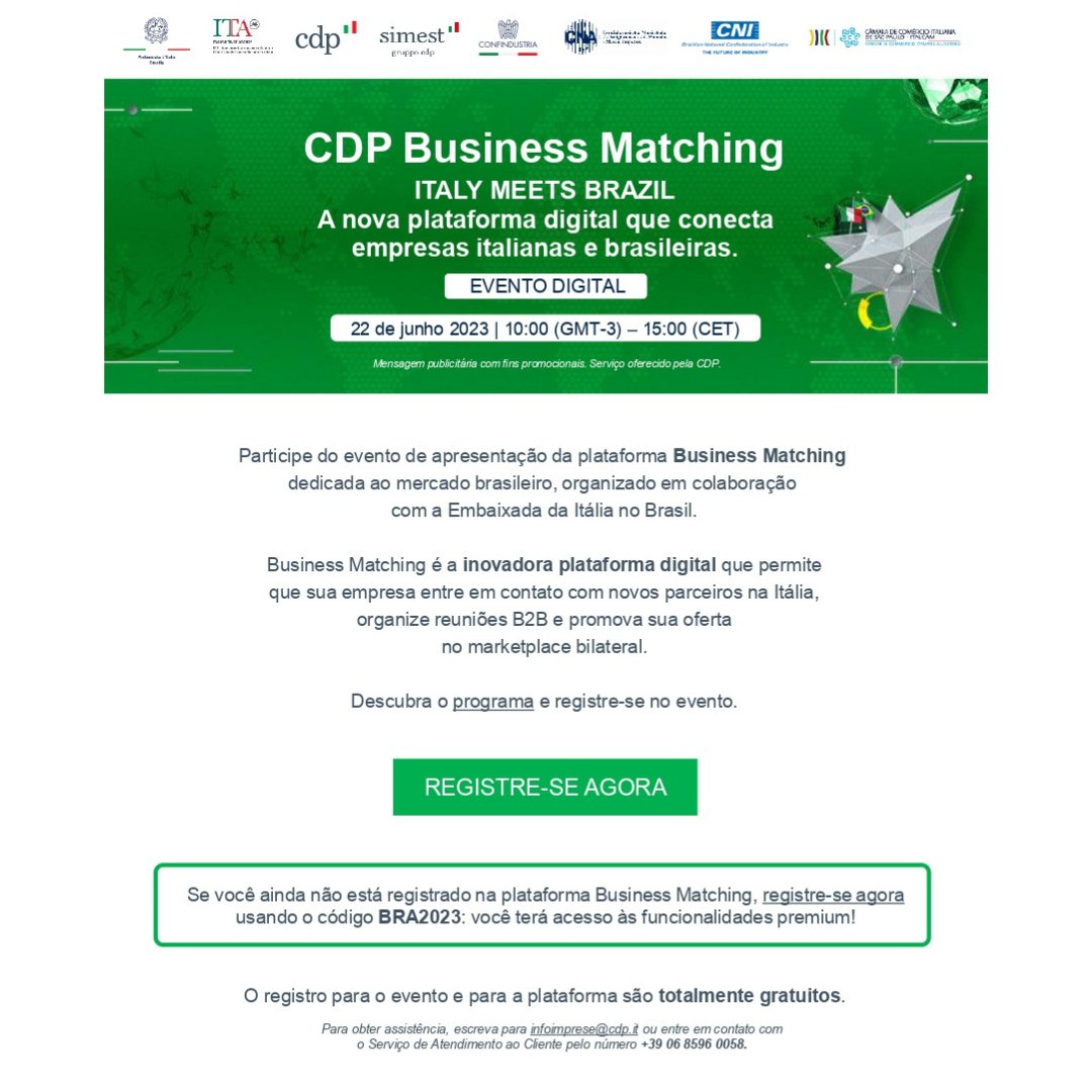 🇮🇹A CCIRS convida para o evento digital "Italy Meets Brazil"!

📢O cadastro na plataforma, participação e sessões B2B são totalmente gratuitos. Veja mais detalhes acessando o link: ccirs.com.br/eventos