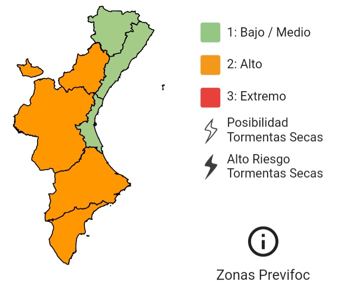 🔥El nivell de preemergència per risc d'incendis forestals per a divendres 16/06 és:     

🟠alt a l'interior sud de Castelló, interior de València i tot Alacant
🟢baix mitjà als litorals de Castelló i València i interior nord de Castelló. 

#StopAlFoc 
#IIFF