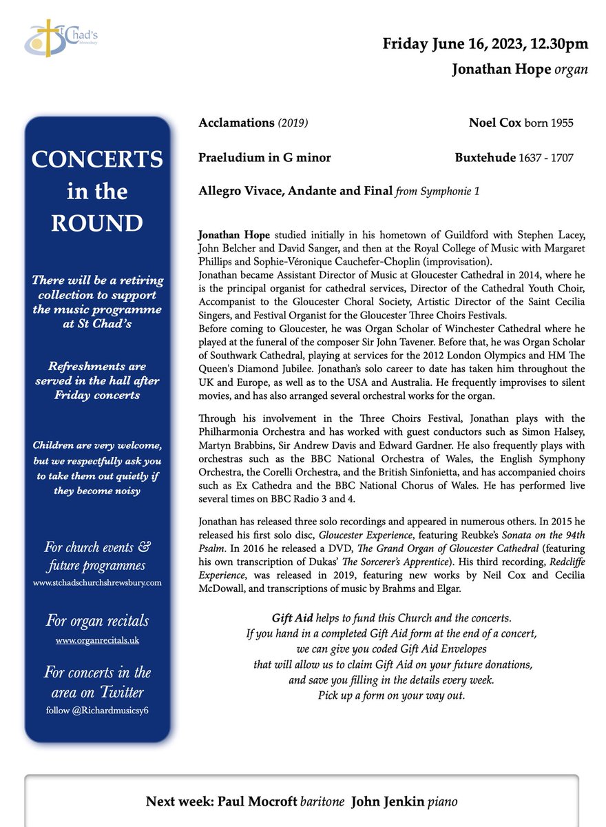 Friday 16th 12.30pm <a href="/StChadsShrews/">St Chad's Church</a> Recital by Jonathan Hope from <a href="/GlosCathedral/">Gloucester Cathedral</a>  Free + lunch after.