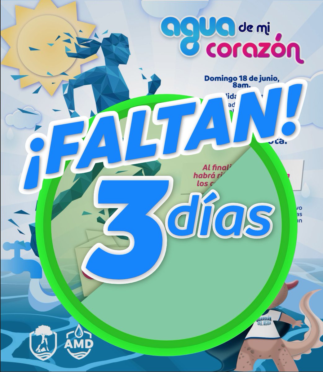 AMD_Durango's tweet photo. ¡Faltan 3 días! 🏁🏃🏻
Aún puedes participar en la carrera 🏃🏻‍de convivencia de AMD💦 “Agua de mi corazón”🫶🏻 el día 18 de junio 📅a las 8:00 AM. ⏰
El costo de inscripción es de $150 💰(incluye playera👕, medalla🎖 y número para participar en las rifas🎁) https://t.co/s5LbKoSuNs
