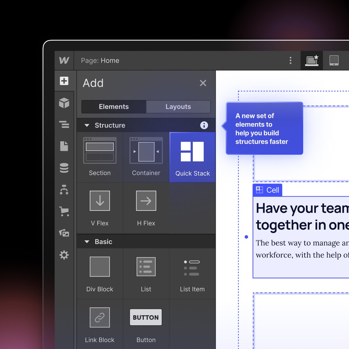 webflow's tweet photo. Today we’re thrilled to announce the launch of a *brand new* building block on Webflow 🎉

Introducing the Quick Stack element – spend less time recreating common website structures, and more time actually building your project pages.

Learn more here:
https://t.co/qOYoppHaYI https://t.co/SbyCi1HX8V