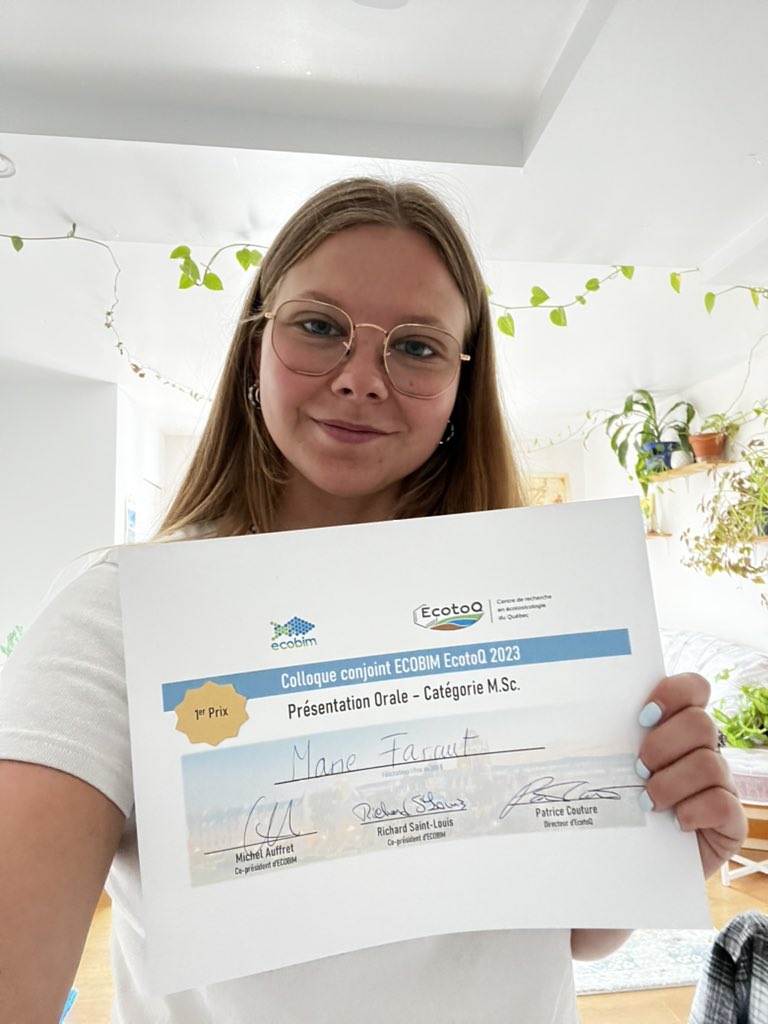 Merci à @ecoto_q et <a href="/Ecobim2/">EcoBIM 2022</a> pour le prix de la meilleure présentation orale des maîtrises. 
Le dernier congrès de ma maîtrise qui fini en beauté 🐚🌞

<a href="/raq_actu/">RAQ - Actualité</a> @UQAR