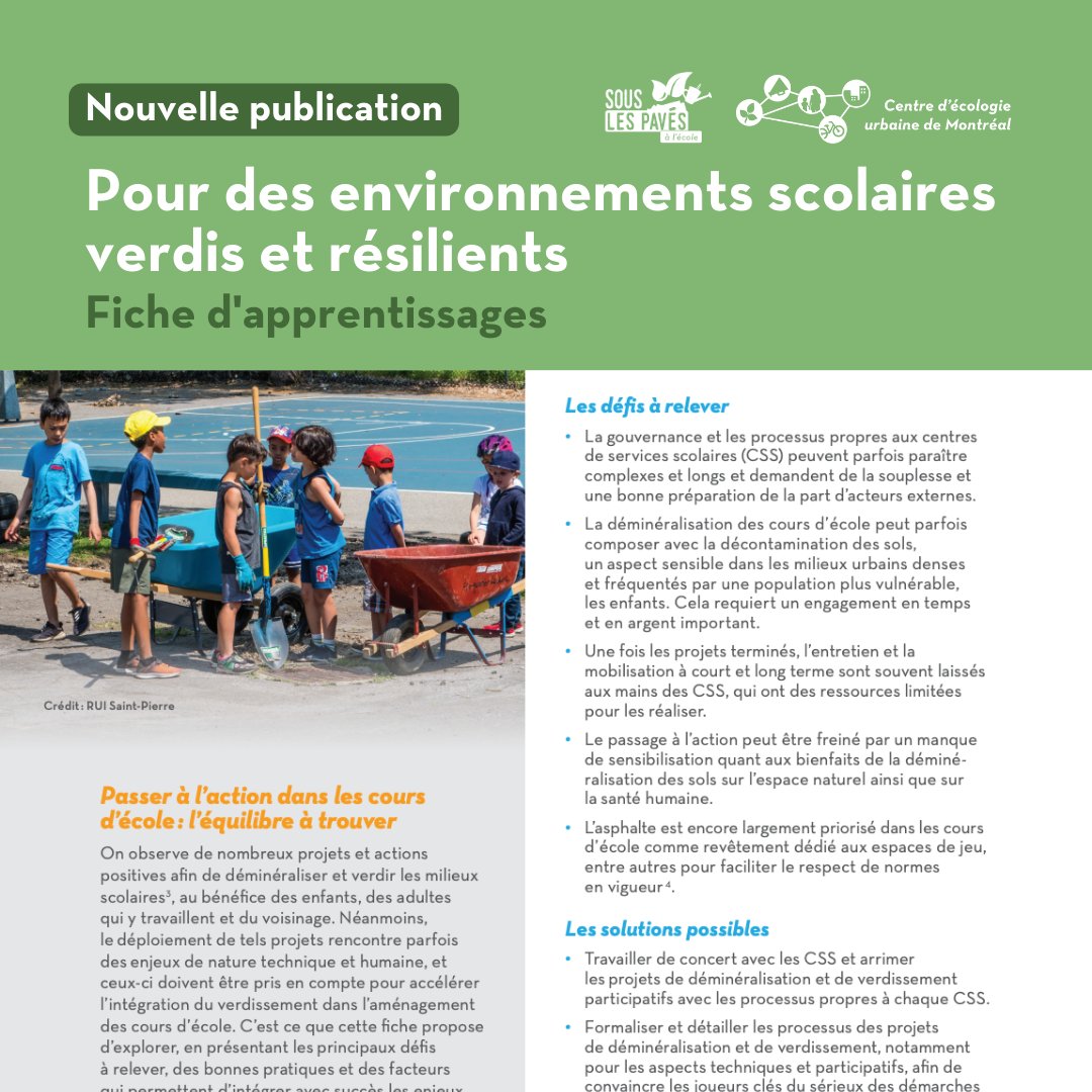 👀Consultez la fiche Pour des environnements scolaires verdis et résilients👉bit.ly/3PfTKED 

Découvrez les principaux défis à relever, des bonnes pratiques et des facteurs qui permettent d’intégrer avec succès les enjeux climatiques à la planification des cours d’école.