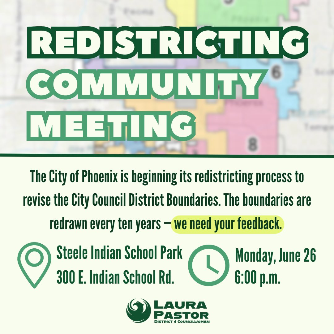 The @cityofphoenixaz is beginning its redistricting process to revise the City Council District Boundaries.

PROVIDE INPUT: Attend the Redistricting Community Meeting and participate in this once-in-a-decade project to equalize population based on the latest Census data. 👥