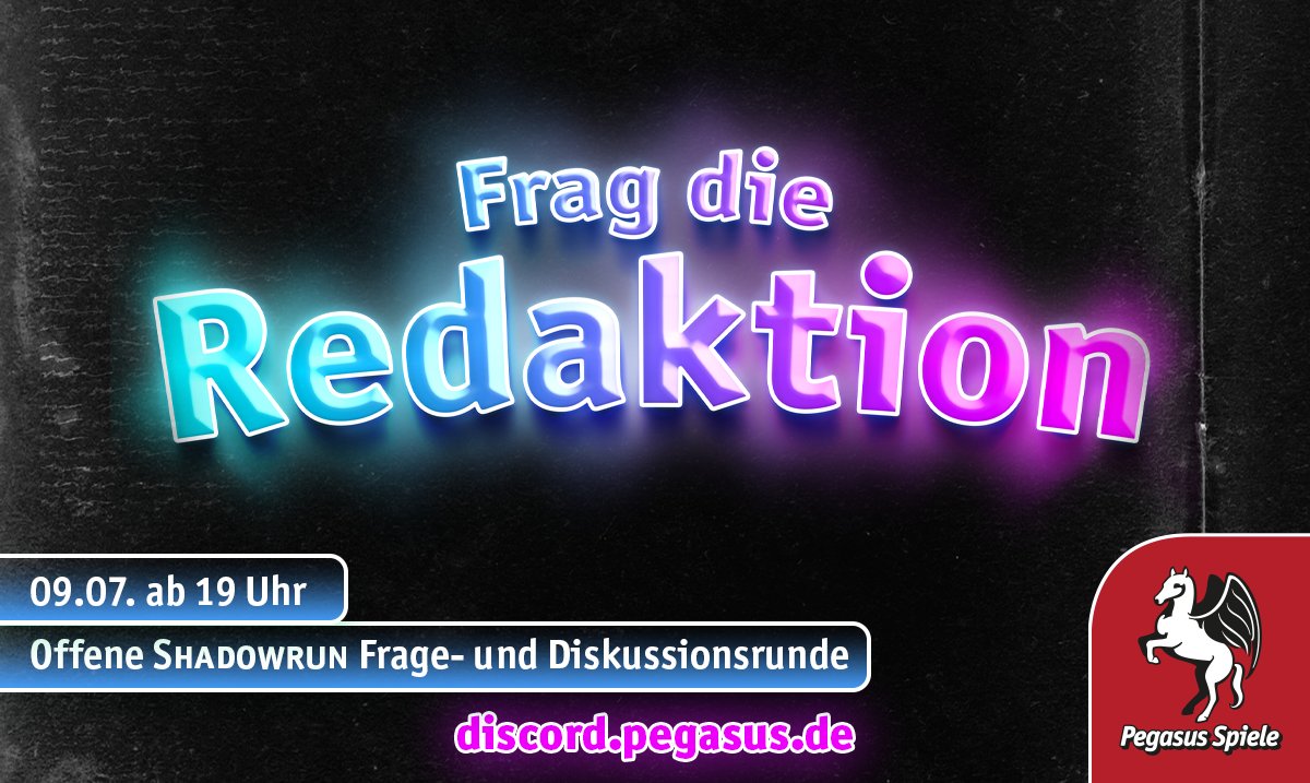 shadowrun_de's tweet photo. Frag die Redaktion! Am 9.7. stehen ab 19. Uhr auf Discord Chefrabe @dasrabenaas @Hafenpiratin und Jan Christoph Steines von @pegasusspiele für euch bereit. 
Save the Date! 
#pnpde #shadowrun https://t.co/jfM8MTKlzy