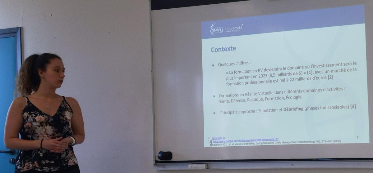 Kelly Minotti présente sa communication intitulée "Vers un outil de débriefing des simulations en réalité virtuelle" à la conférence #EIAH2023 
@loup_guillaume  <a href="/UnivParisSaclay/">Université Paris-Saclay</a> <a href="/UnivEvry/">Université Évry Paris-Saclay</a>