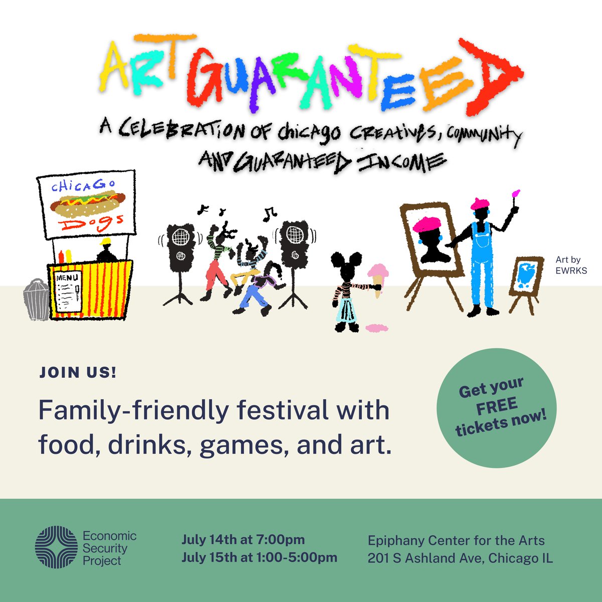 Join us July 14 & 15 for Art Guaranteed: A celebration of Chicago creatives, community, & the power of cash. Friday at 7pm we'll launch GUARANTEED, a podcast by @EveEwing & @AirGoRadio. Saturday from 1-5 is a festival feat. our artist fellows. Tickets at economicsecproj.org/art