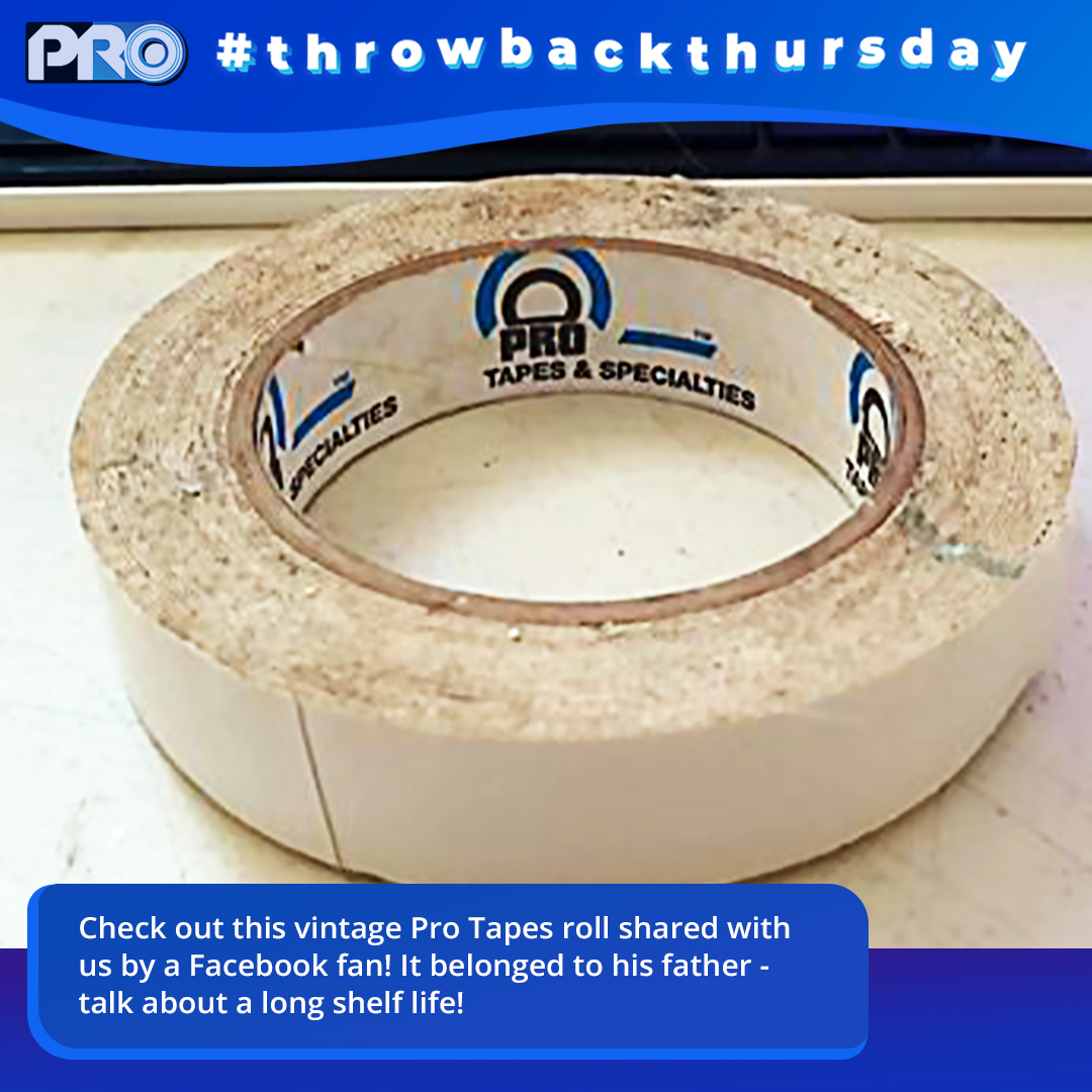 #ThrowbackThursday This roll was handed down from father to son - proving that #ProTapes is an American tradition! 

ALT: A close up photo of a white tape roll on a desk. The inside core features Pro Tapes' oldest logo from the 1970s.