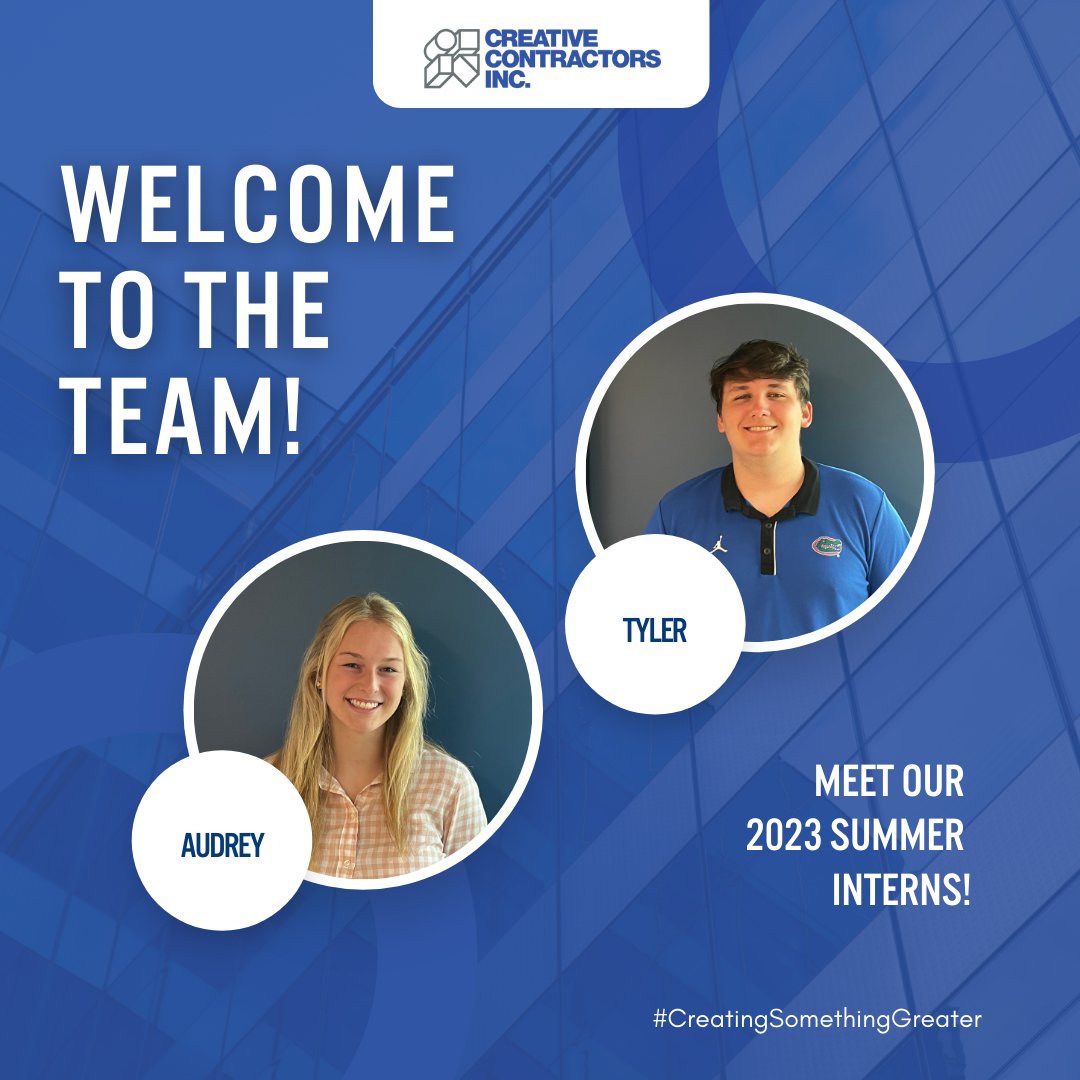 Meet our new summer interns, Audrey and Tyler!! The pair will learn the ins-and-outs of the construction industry as they prepare for their future careers. Welcome to Team Creative! 

#CreatingSomethingGreater #ConstructionInterns #SummerInterns #CreativelyBuilt