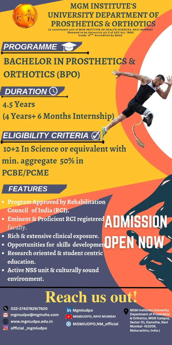 mgmudpo's tweet photo. Admission in (BPO) in programme for the Academic year (2023-24) is going on....Interested candidates kindly go through it and apply.

#prosthetics #rehabilitation #admissionsopen #admissionopen #admissions2023 #mumbai #admissions #university #training #health #students https://t.co/ov4o661S7G