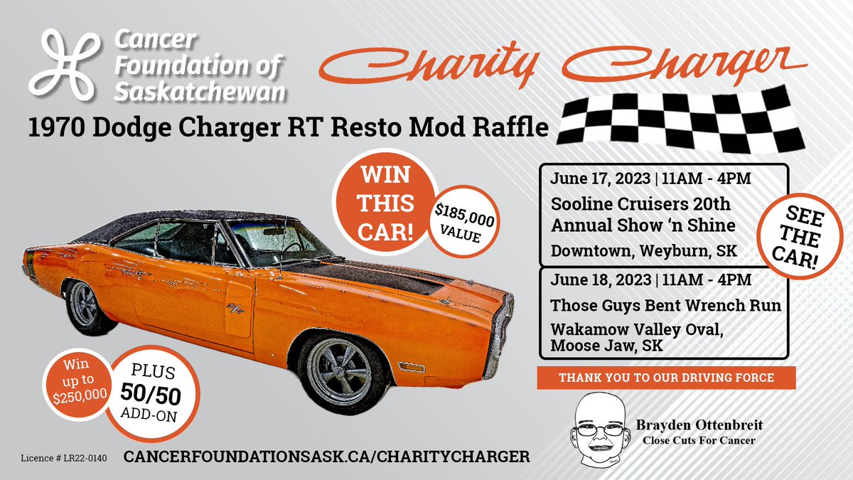 Would your dear ol’ dad love his very own 1970 Dodge Charger RT Resto Mod? Well, bring your dad and get your raffle tickets this Father’s Day weekend as we visit both Weyburn and Moose Jaw with the Charity Charger!
cancerfoundationsask.ca/charitycharger/