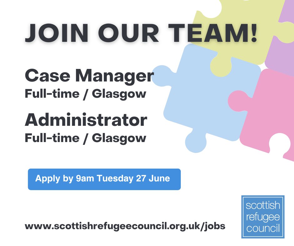 We're recruiting for two new roles here at Scottish Refugee Council! **Case Manager**Full-Time**Glasgow/Hybrid** **Administrator**Full-Time**Glasgow/Hybrid** Find out more and apply today: scottishrefugeecouncil.org.uk/jobs