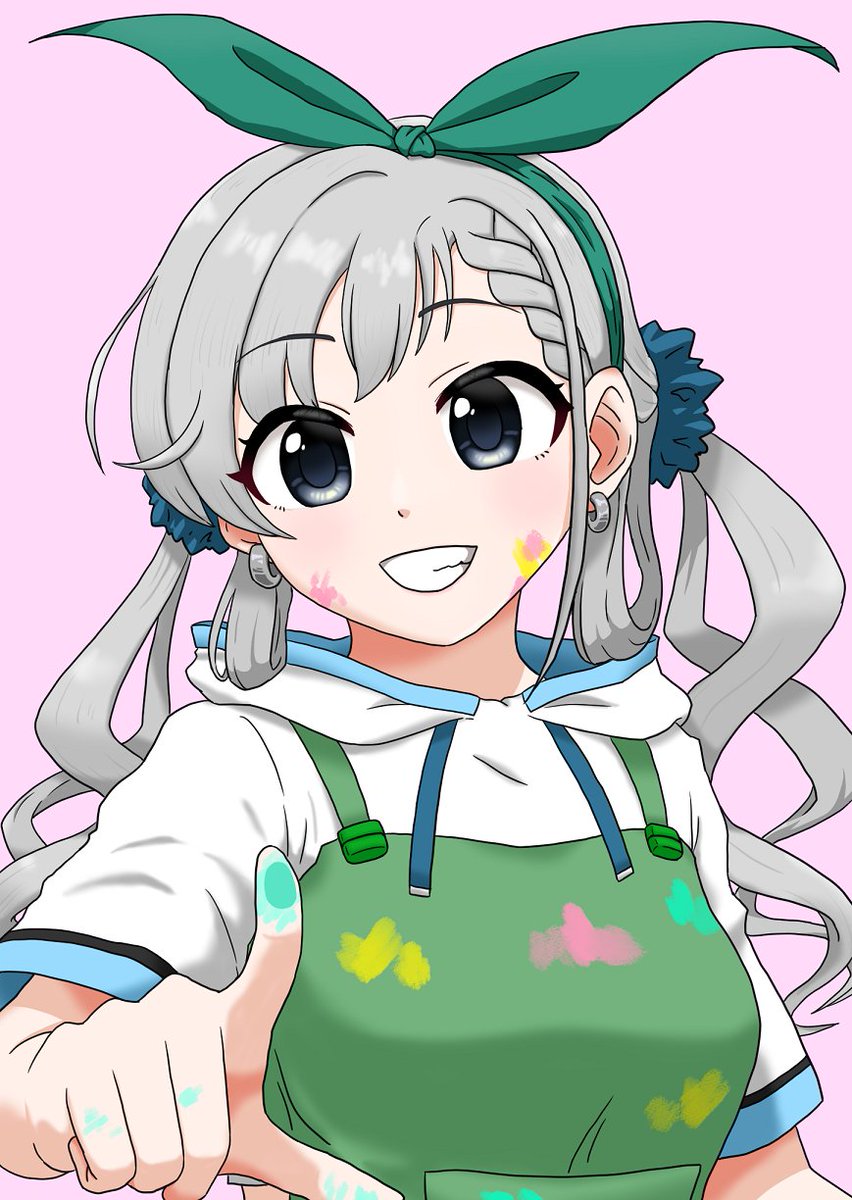 hisakawa hayate 1girl solo grey hair smile twintails paint splatter on face jewelry  illustration images