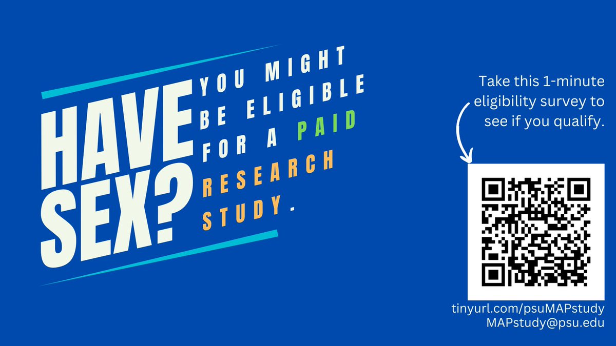 My research team is looking for members of the LGBTQ+ community to participate in a paid focus group study about sexual health!

To see if you’re eligible, complete this 1-minute survey: tinyURL.com/psuMAPstudy.

<a href="/JessMyrick/">Jessica Gall Myrick, PhD</a> @DrTornello <a href="/TakeControlPHL/">TakeControlPhilly</a> <a href="/PHLPublicHealth/">Philadelphia Public Health</a>