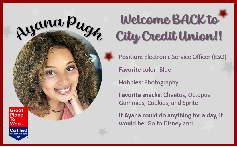 City CU welcomes Lyncia Odum, Jasmine Joiner &amp; Ayana Pugh to our family.
Lyncia will be joining the team at our Ferguson Branch!  
Lyncia &amp; Jasmine, we're happy you're joining the team and welcome back to Ayana!