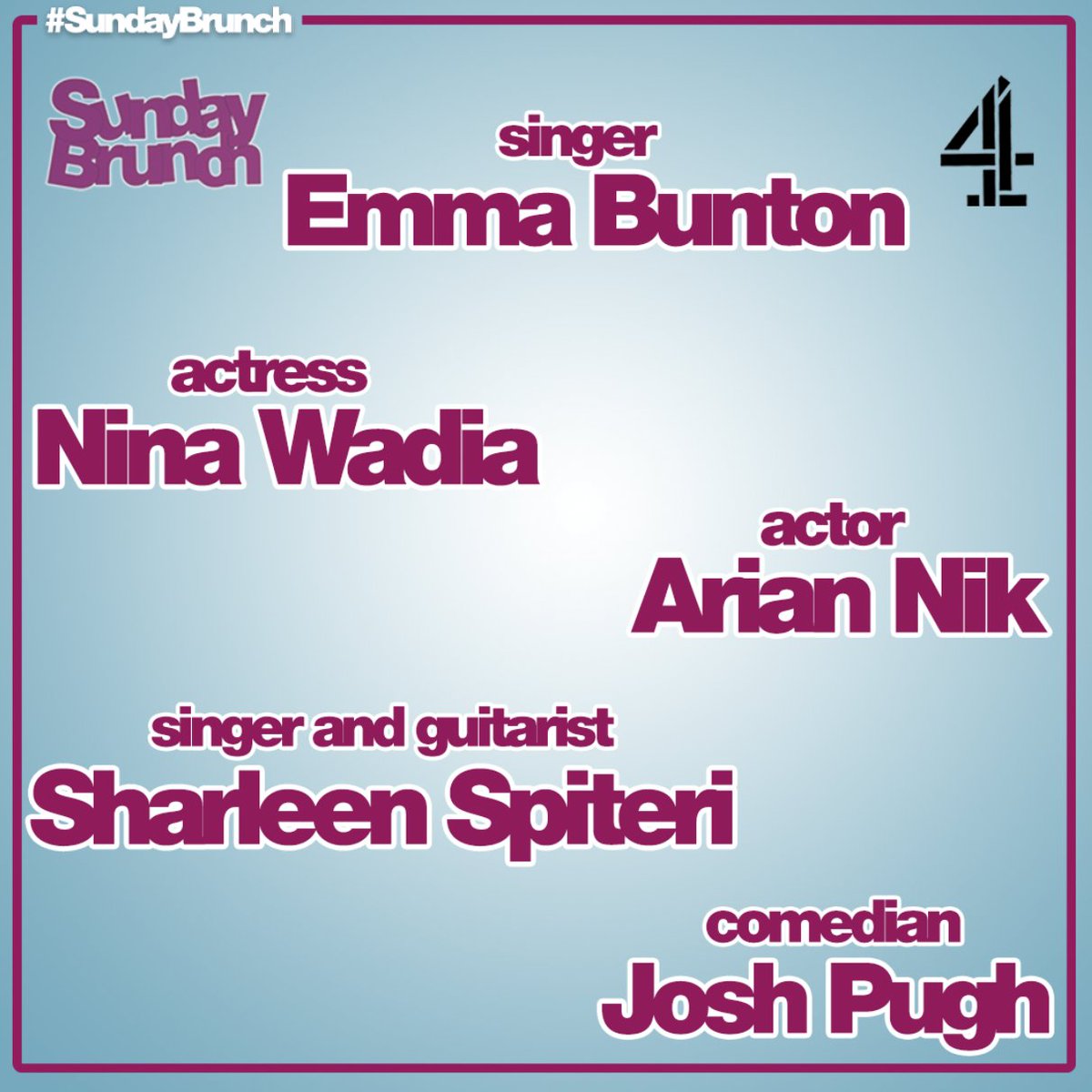 SundayBrunchC4's tweet image. This week on #SundayBrunch we have guests @emmabunton, @Nina_Wadia, #ArianNik, @sharspiteri, @joshpughcomic, @NaturalNav 🤩 Guest chef @piplacey👨‍🍳 Food from @dinamacki🥪 Drinks from @joeldram and @worldofspirits🍷 Music from @maisiehpeters🎵 Join us Sunday at 9:30am on @channel4