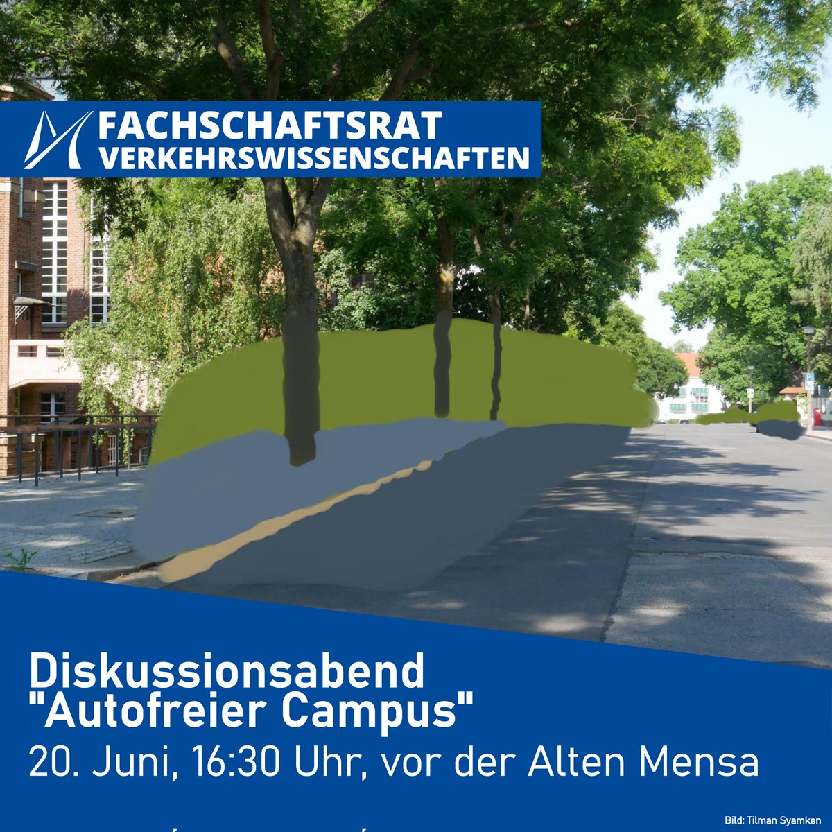 Die Mommsenstraße ist in der Woche vom 19.-23.6. frei von Autos. Ein Modell für die Zukunft oder den gesamten Campus? Der FSR Verkehr lädt euch ein, darüber zu diskutieren. Die Veranstaltung ist Teil des Mitmachfests der <a href="/tuuwi_DD/">tuuwi</a>.
Weitere Infos unter fsr-verkehr.de.