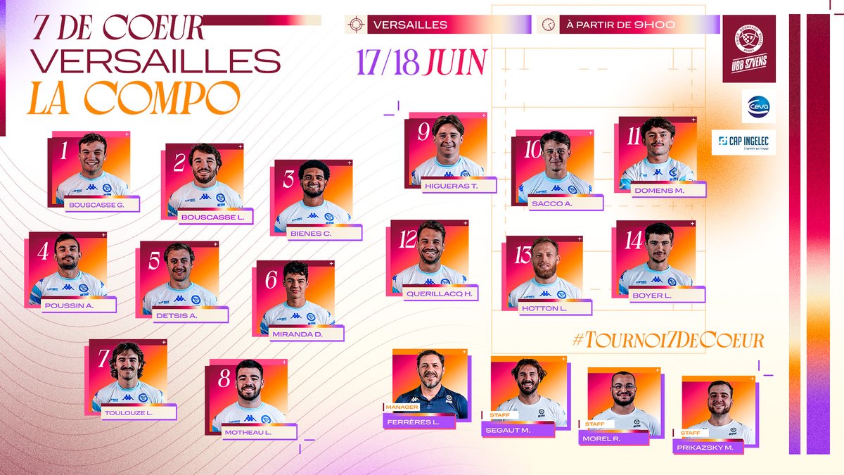 𝑻𝒐𝒖𝒓𝒏𝒐𝒊 7 𝒅𝒆 𝒄𝒐𝒆𝒖𝒓 ♥️ 

Retrouvez la compo de nos 1️⃣4️⃣ septistes qui partiront au @tournoi7decoeur ces 17 et 18 juin à Versailles, pour la seconde étape du circuit élite  

#iloveubb #UBBSevens