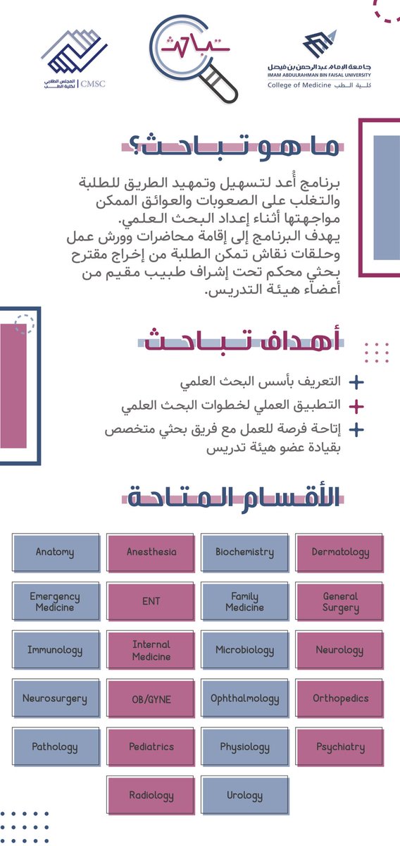 تعود لكم مدرسة تباحث في نسختها الثانية هذا الصيف✨
لا تفوتوا فرصة التسجيل لتعزيز مهاراتكم البحثية! 
سيتم إعلان موعد التسجيل قريباً
كونوا بانتظارنا #مدرسة_تباحث٢