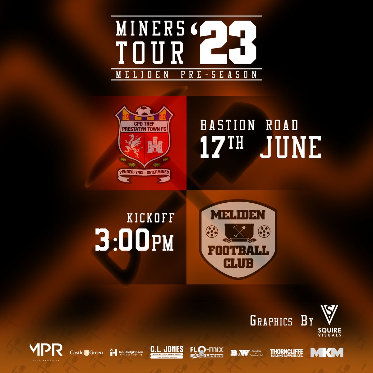 🟠 𝐌𝐈𝐍𝐄𝐑𝐒 𝐓𝐎𝐔𝐑 '𝟐𝟑 ⚫️

Our Miners Tour begins NOW! Starting this weekend on our doorstep!

🆚 <a href="/ptfcseasiders/">Prestatyn Town FC 🏴󠁧󠁢󠁷󠁬󠁳󠁿</a> 
📆 Saturday 17th June
🕝 3:00pm KO
📍 Bastion Road, Prestatyn, LL19 7LU

Graphics by <a href="/SquireVisuals/">Squire Visuals</a>

#UpTheMiners 🟠⚫️