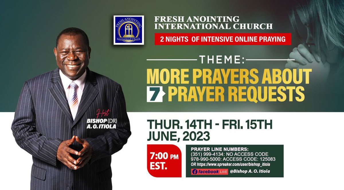 BishopAOItiola's tweet photo. Remember, our 7 prayer requests in Seven months? We will be presenting it again to our heavenly Father this evening and tomorrow evening.

Join me on Facebook here ⬇️
https://t.co/brKAykhqCz 

#bishopitiolapodcast #bishopitiola #prayerseries #iwillpray #faicnigeria https://t.co/Va5AVcgtWC