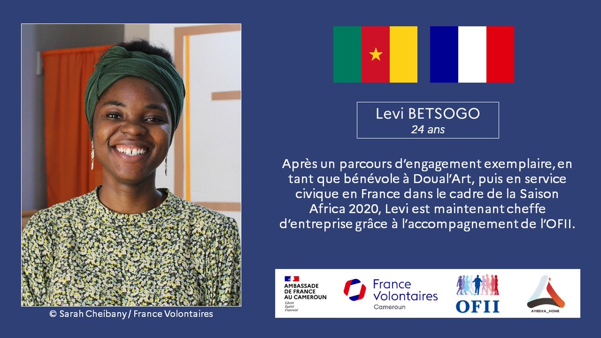 #LesVisagesDuPartenariat🇨🇲🇫🇷
Jusqu'au #14juillet, découvrez chaque jour les visages de Camerounais &amp; Français qui incarnent, au quotidien, les nombreux volets de la relation 🇨🇲🇫🇷
🖼️ Levi Betsogo, 24 ans, cheffe d'entreprise.
🤝 <a href="/FVolontaires/">France Volontaires</a> &amp; <a href="/OFII_France/">Office Français de l’Immigration et Intégration</a>