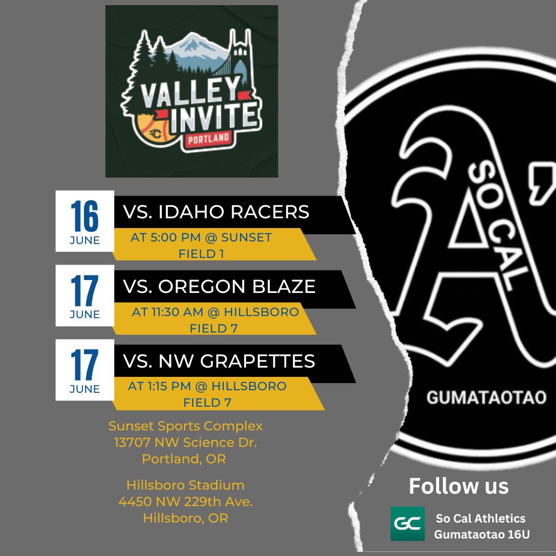 So Cal Athletics Gumataotao (@scas_gumataotao) on Twitter photo We are headed to Portland for the TC Valley Invite this weekend! Follow us live on GameChanger - So Cal Athletics Gumataotao 16U <a href="/CoachKiSoCalAs/">Kiana Gumataotao</a> <a href="/CoachAmanda03/">Coach Amanda</a> <a href="/TCSFastpitch/">TC Fastpitch</a> <a href="/OregonSB/">Oregon Softball</a> <a href="/CoastRecruits/">Coast 2 Coast Recruits</a> <a href="/D1Softball/">D1Softball</a> <a href="/TopPreps/">SPORTS NEWS, VIDEOS, GRAPHICS, EXPOSURE & MORE</a> We are headed to Portland for the TC Valley Invite this weekend! Follow us live on GameChanger - So Cal Athletics Gumataotao 16U <a href="/CoachKiSoCalAs/">Kiana Gumataotao</a> <a href="/CoachAmanda03/">Coach Amanda</a> <a href="/TCSFastpitch/">TC Fastpitch</a> <a href="/OregonSB/">Oregon Softball</a> <a href="/CoastRecruits/">Coast 2 Coast Recruits</a> <a href="/D1Softball/">D1Softball</a> <a href="/TopPreps/">SPORTS NEWS, VIDEOS, GRAPHICS, EXPOSURE & MORE</a>