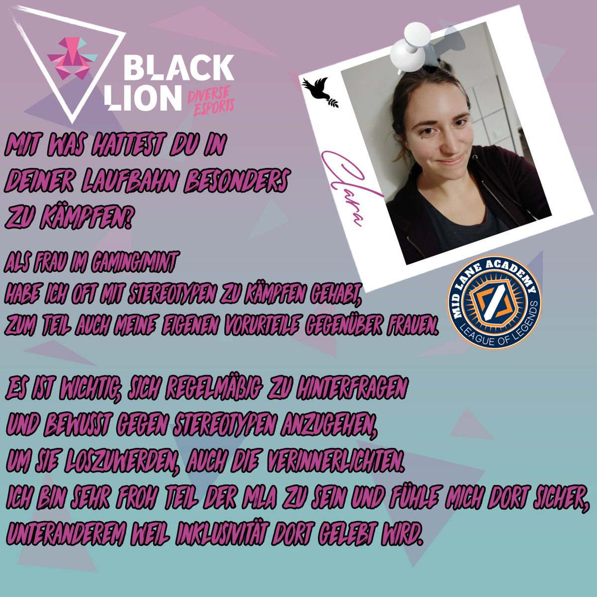 Heute darf Clara von der Mid Lane Academy unsere Bühne betreten🤗

Welche Herausforderungen sie als Frau begleiten könnt ihr unten lesen

Lasst <a href="/Lueders_Clara/">Clara Marie Lüders</a> doch gerne einen Follow da🖤

Und wer in der mittleren Linie was lernen will soll mal hier rein👉midlaneacademy.com