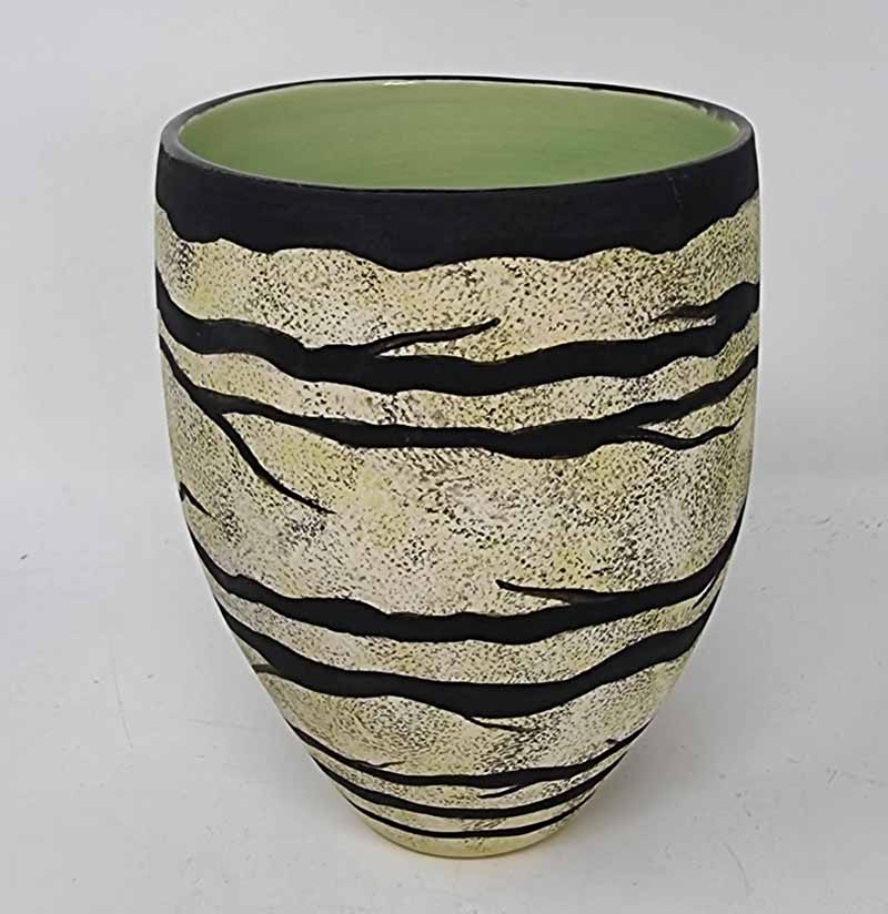 Strata Vessel in stoneware by Jane Bridger 14 x 11 cm #ceramicart #vase #supportlocalbusinesses #stylingyourhome #potteryart #strata #geology #contemorary #localart