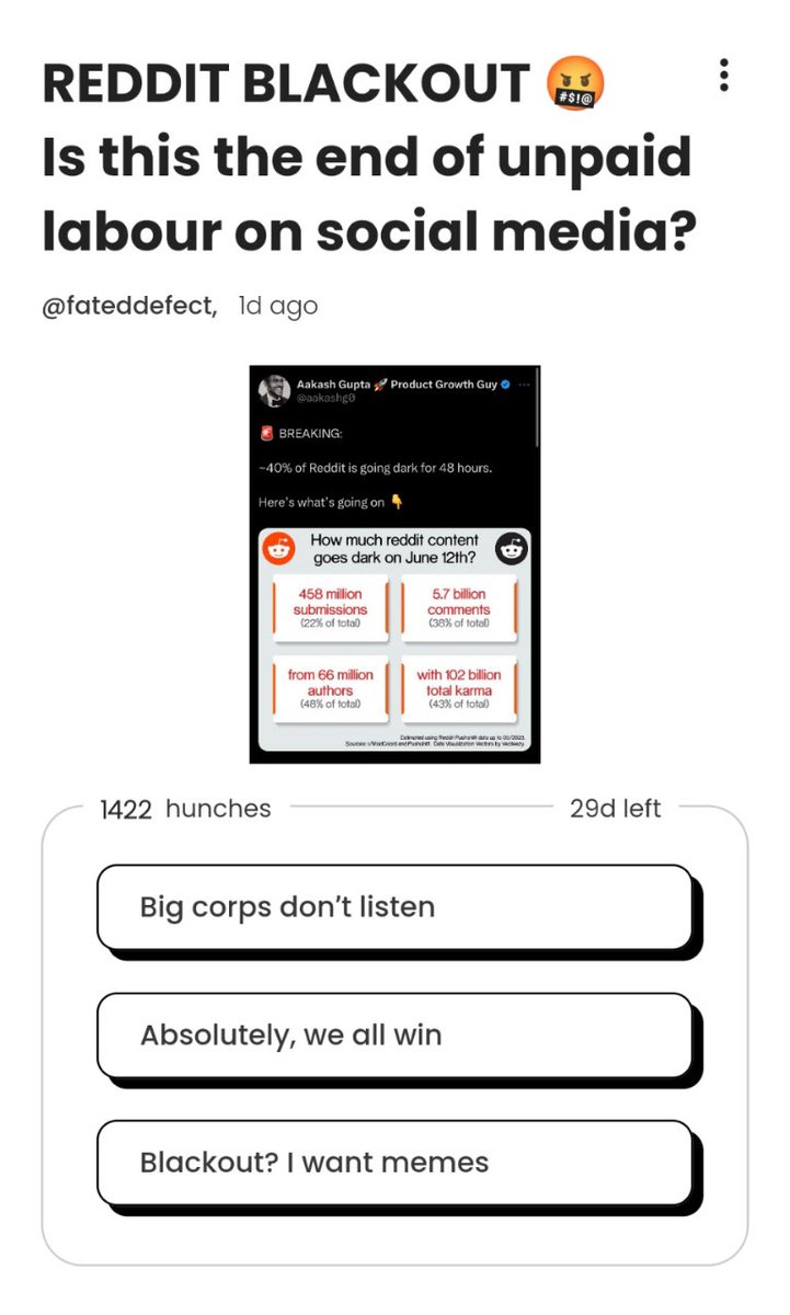 The #RedditBlackout has got us all hunching!

Share your views (anonymously) 👉 hunch.in/poll/reddit-bl…

#HunchAboutReddit