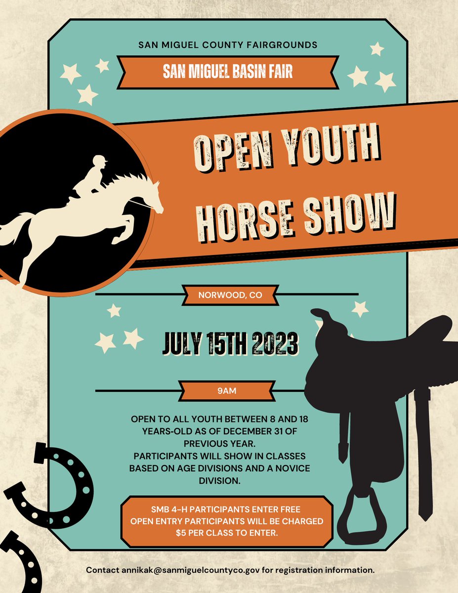 The San Miguel Basin Fair Open Youth Horse Show is July 15! Register today to show off you and your horse's skills.
Registration and patterns packet can be found here: bit.ly/3p3hykv
Ride on!