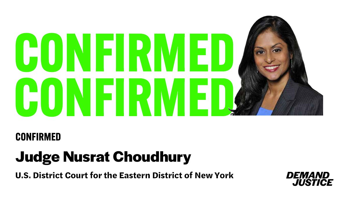 WeDemandJustice's tweet photo. The Senate just confirmed Nusrat Choudhury to the U.S. District Court for the Eastern District of New York. She comes from a long civil rights career and is now the first Muslim American woman to be an Article III federal judge in the United States. https://t.co/LrRDm6imLD