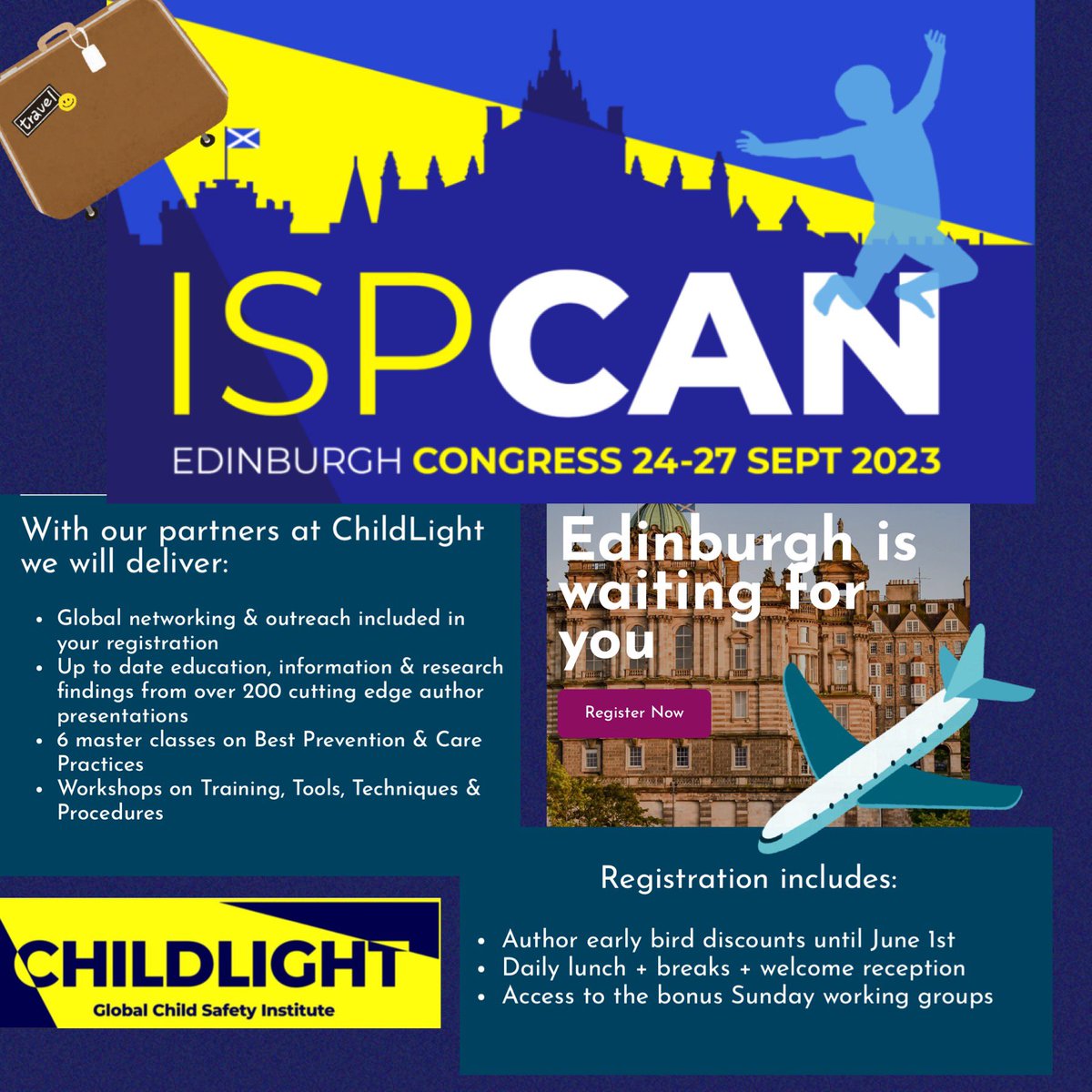 Pack your bags. Join us in Edinburgh for a one of a kind Congress bringing together global multidisciplinary professionals working in the prevention of child abuse & neglect. 
#riseuptoendchildabuse
#makingdatacount
#tacklingchildabuse  #ispcanedinburghcongress