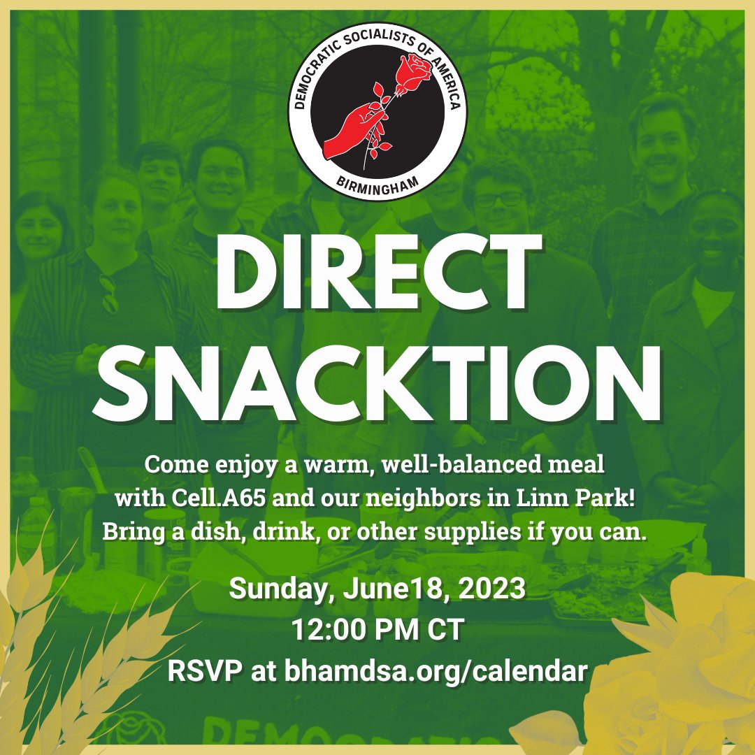 This Sunday we'll be going out to Linn Park with <a href="/Cell_A65/">Cell A65</a> to feed our neighbors! If you'd like to join us we always need folks who can bring food or help serve - get in touch! You can register here: 

bhamdsa.org/calendar