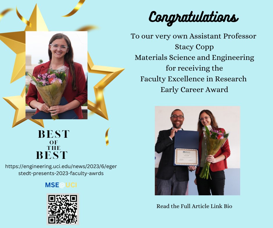 👏👏👏 Congratulations to Assistant Professor Stacy Copp for receiving the Faculty Excellence in Research Early Career Award.

#UCIrvine #uciengineering #research #professor #mse@uci #award #thecopplab