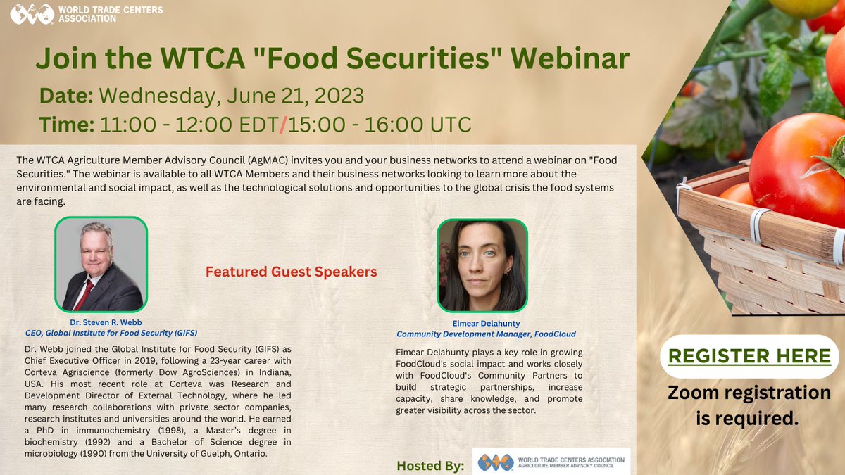 WTCA's tweet photo. ATTN #WTCA Members: The WTCA #Agriculture Member Advisory Council (AgMAC) invites you and your business networks to attend a webinar on #FoodSecurities on Wed, June 21 @ 11:00-12:00 EDT. For more info, visit: https://t.co/29i89Awo8c. #GlobalTrade #ConnectingBusinessesGlobally https://t.co/tkwnUyzNKe