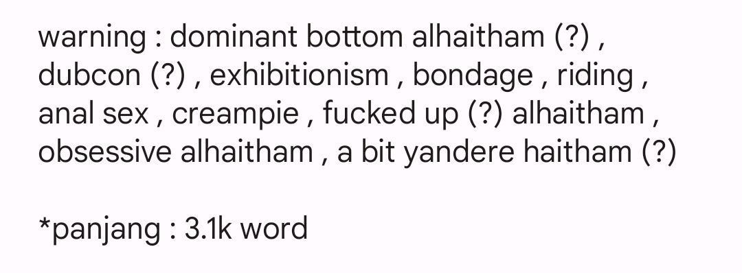 junalandau's tweet image. #kavetham 🏛️🌱slight #kavelou
karma - 🔞 kaveh x alhaitham 🔞
*this is kinda fckd up.

last chpt of [namamu]
written in : Bahasa Indonesia
link : privatter.net/p/10133863
warn : dominant bottom tham , dubcon , exhibitionism , bondage