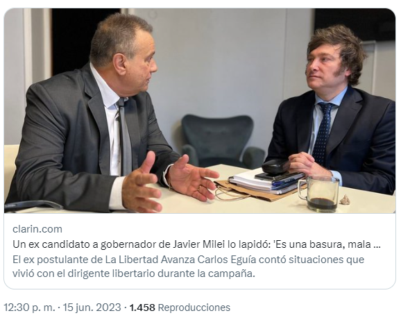 Un ex candidato a gobernador de Javier Milei lo lapidó: "Es una basura, mala persona, pelotudo y ladrón".
El ex postulante de La Libertad Avanza Carlos Eguía contó situaciones que vivió con el dirigente libertario durante la campaña.
clarin.com/politica/ex-ca…