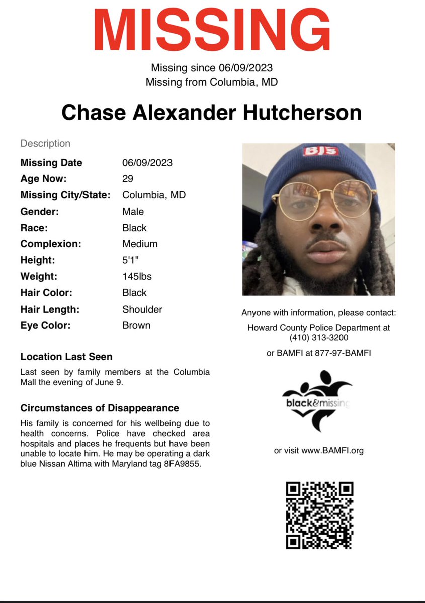 Columbia, MD: 29 y/o Chase Hutcherson was last seen by family at the Columbia Mall the evening of June 9th. He was last seen wearing a white long sleeve shirt, blue jean shorts, black hat &amp; white &amp; red shoes. #HelpUsFindUs #ChaseHutcherson