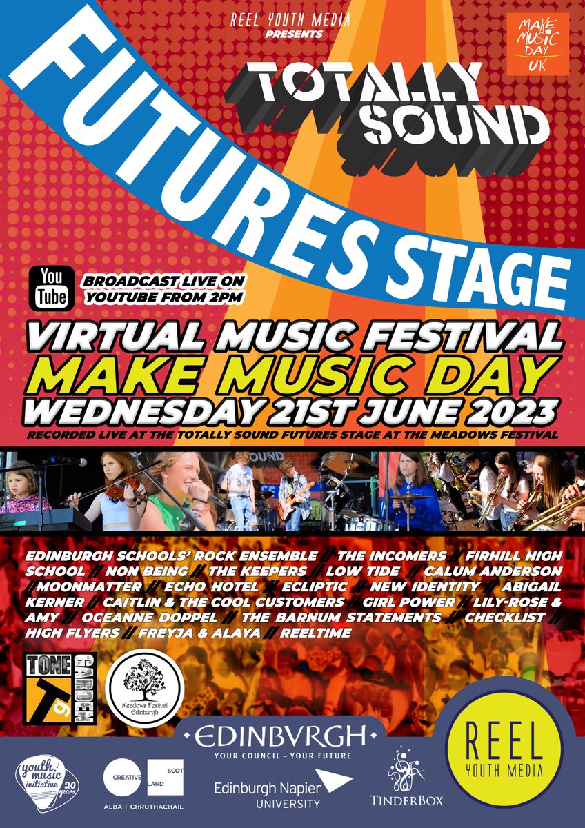 Celebrating <a href="/MakeMusicDayUK/">Make Music Day UK</a> next Wednesday with a jam packed schedule of live video performances across the day filmed live at <a href="/MeadowsFestival/">Meadows Festival Edinburgh</a> Totally Sound Futures Stage. Supported by <a href="/CreativeScots/">Creative Scotland</a> Youth Music Initiative. join us at our YouTube Channel from 2pm.