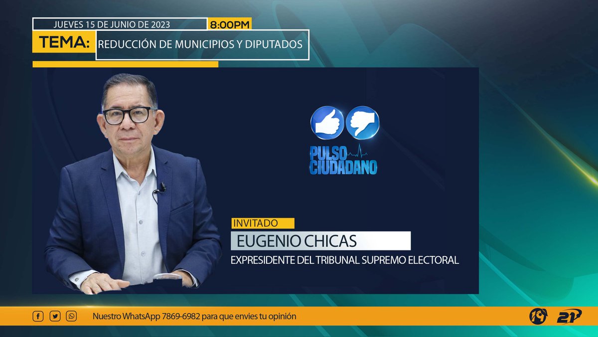 Esta noche en el programa Pulso Ciudadano estará como invitado Eugenio Chicas, expresidente del Tribunal Supremo Electoral (TSE) para conversar sobre la reducción de diputados y municipios. 
 
Su cita es a las 8:00 p.m. por la señal de los canales 19 y 21.

#GrupoMegavisión
