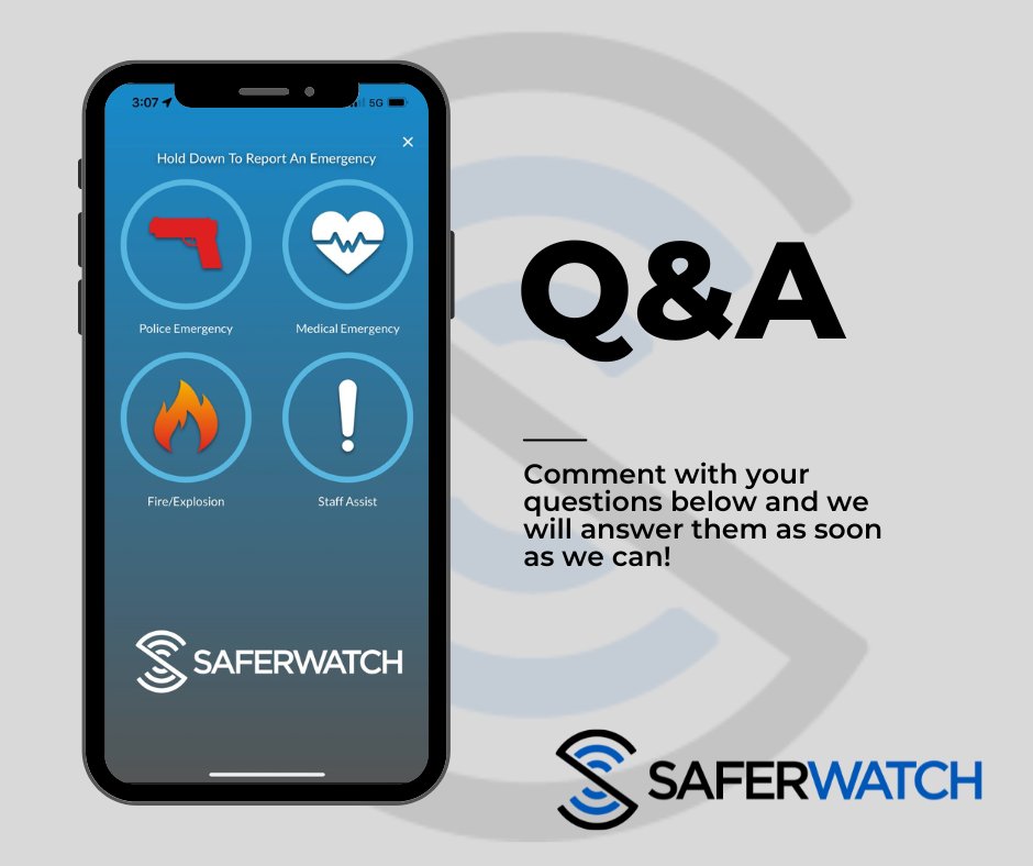 Do you have questions about #SaferWatch? 
Ask us anything in the comments below!

#IfYouSeeSomethingSendSomeething #TipReporting #SchoolSafety #MobilePanicAlert
#PanicButton