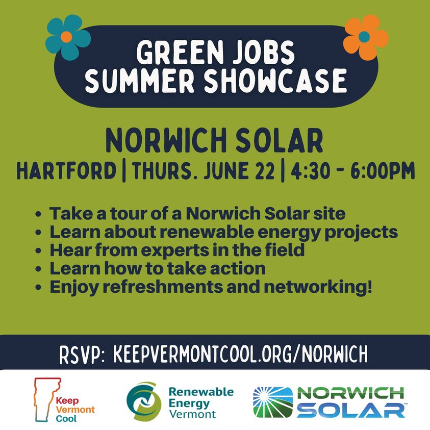 You know that #solar is a #climate saver. Did you know it's also a great reason for working Vermonters to stay in VT? 

Join us in Hartford next Thurs for our 2nd #greenjobs showcase w our friends @KeepVermontCool & @Norwich_Solar to learn about all the benefits of VT renewables!