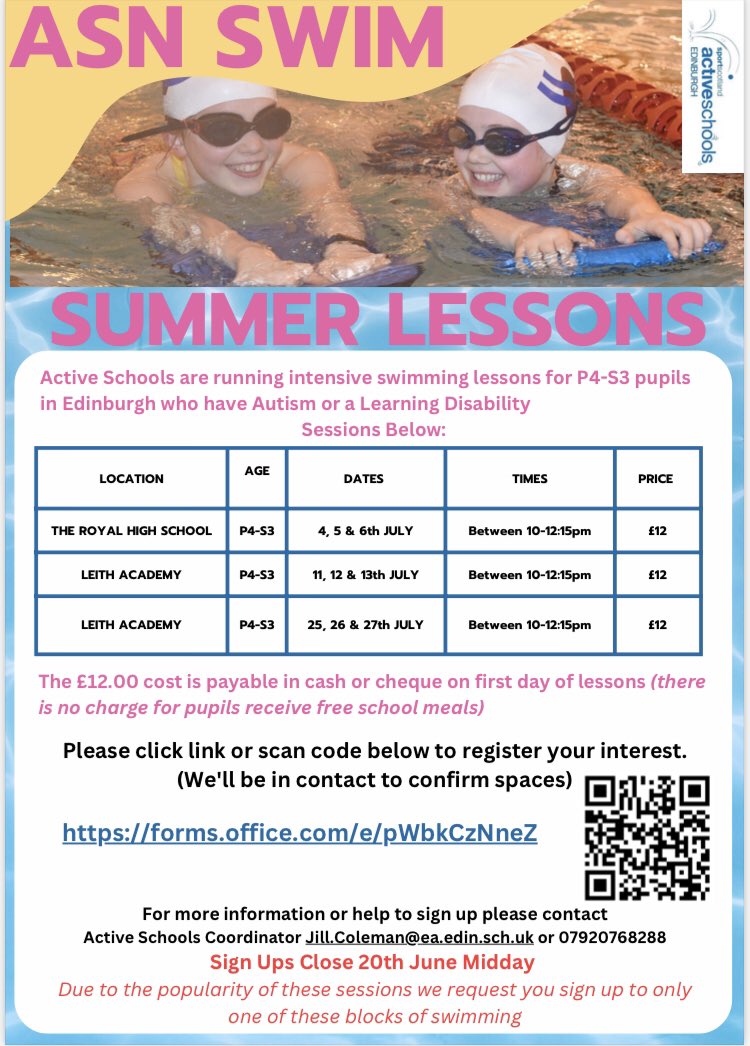 Additional Support Needs swimming lessons (P4-S3) during summer for pupils with Autism and/or learning disabilities. These sessions are not appropriate for pupils with a physical disability due to facility limitations. 
 sign up via Microsoft Forms forms.office.com/e/pWbkCzNneZ