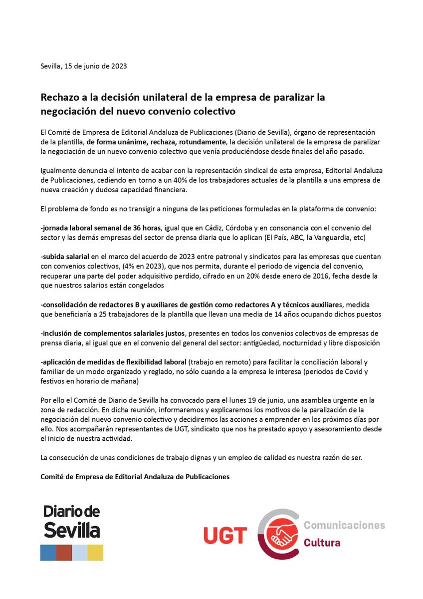 El Comité de Empresa de <a href="/diariosevilla/">Diario de Sevilla</a> rechaza la decisión unilateral de <a href="/grupojoly/">Grupo Joly</a> de paralizar la negociación del convenio colectivo, tras 7 años de congelación salarial, impidiendo las mejoras económicas y sociales de la plantilla. 

<a href="/UGT_Andalucia/">UGT Andalucia</a> <a href="/PeriodistasAND/">CPPA</a> <a href="/prnoticias/">prnoticias</a>