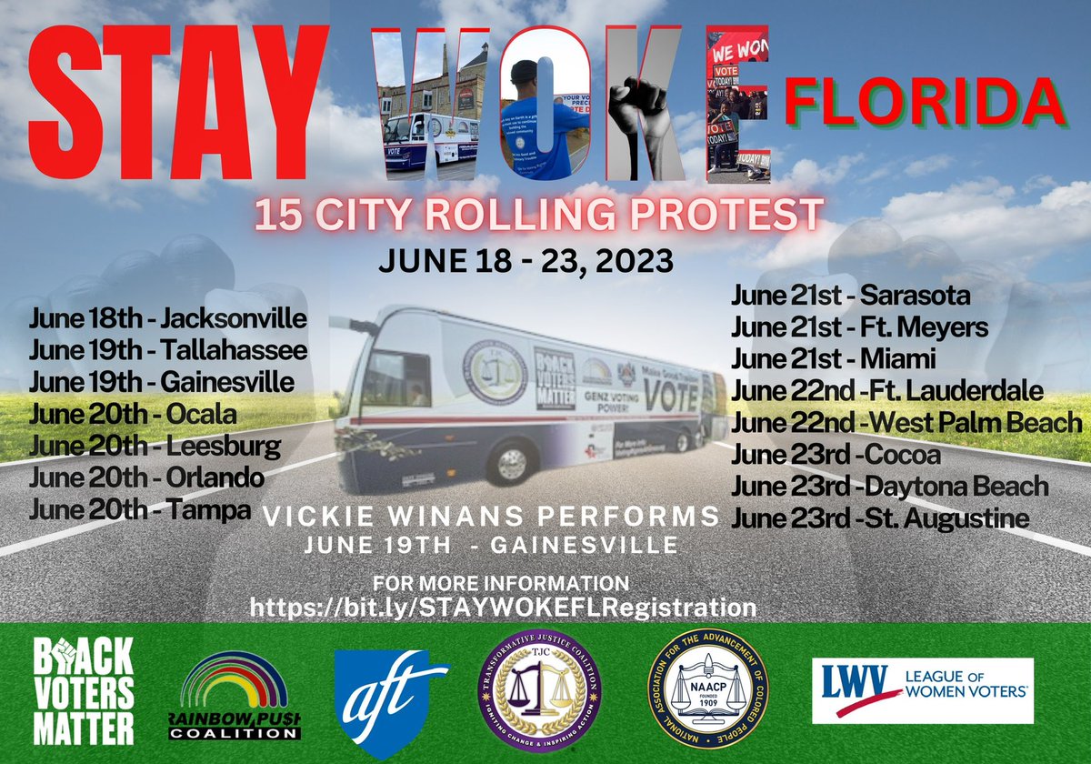 TJC_DC's tweet photo. Spread the word! Juneteenth week, STAY WOKE FLORIDA! Rolling Protest! https://t.co/5OWnLWA7UW